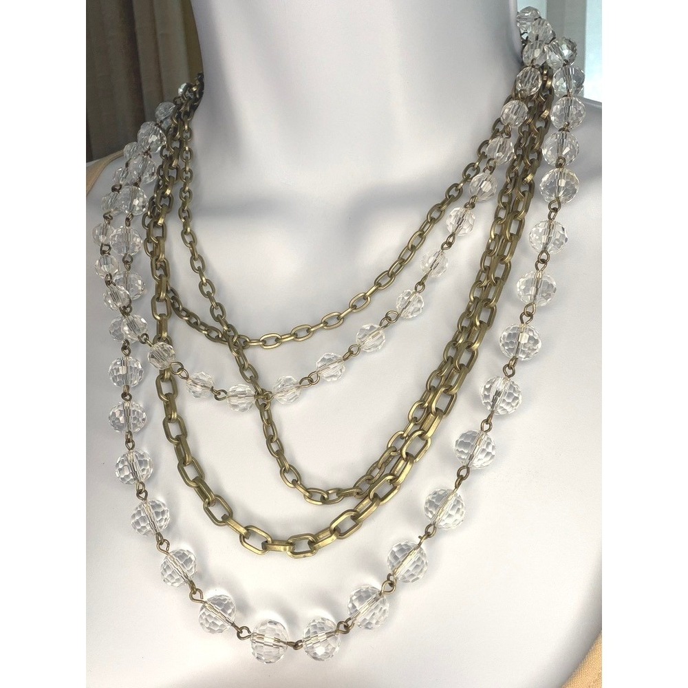 Layered Necklace Gold Clear Bead Multi Strand Statement Piece
